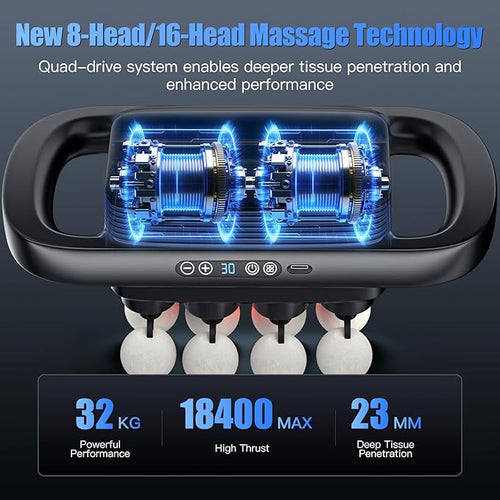 16 Head Massage Gun deep Tissue Percussion Muscle Massager with 16 Heads 3 Modes &amp 30 IntensitiesQuiet Handheld Massager for Back Neck Shoulder Legs Muscle Pain Relief
