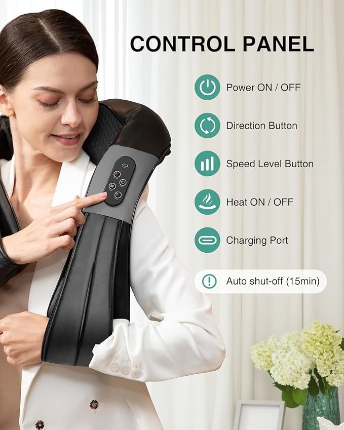 Nekteck Cordless Shiatsu Neck and Back Massager with Soothing Heat Rechargeable Electric Deep Tissue 3D Kneading Massage Pillow for Shoulder Leg Body Muscle Pain Relief 3 Speed Intensities
