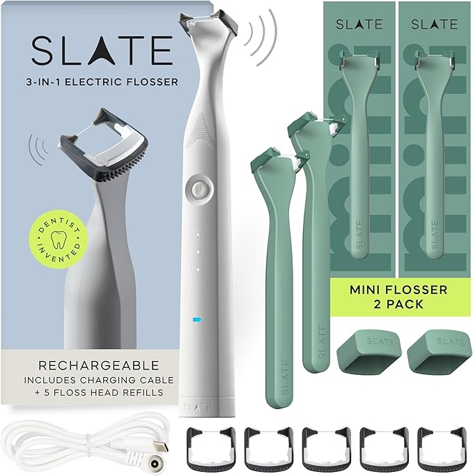 Slate Flosser Bundle – Rechargeable Electric Flosser + 2 Mint Mini Flossers | Dentist-Invented 3-in-1 with Reusable Floss Heads | Non-Toxic &amp PFAS-Free