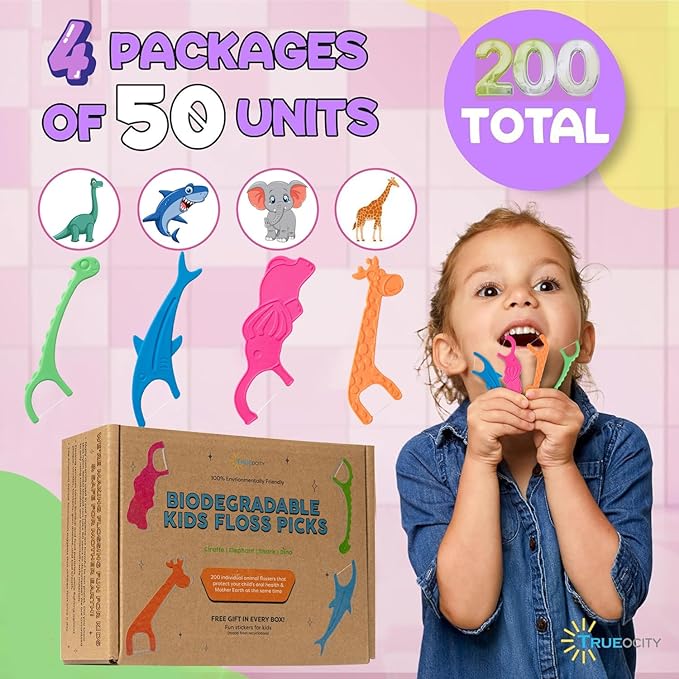 Biodegradable Kids Flossers -200 Pack Natural Kids Floss Picks Fluoride Free Biodegradable Floss Pick Organic Animal Dental Floss Picks Dental Floss Sticks - 4 Fun Animal Designs