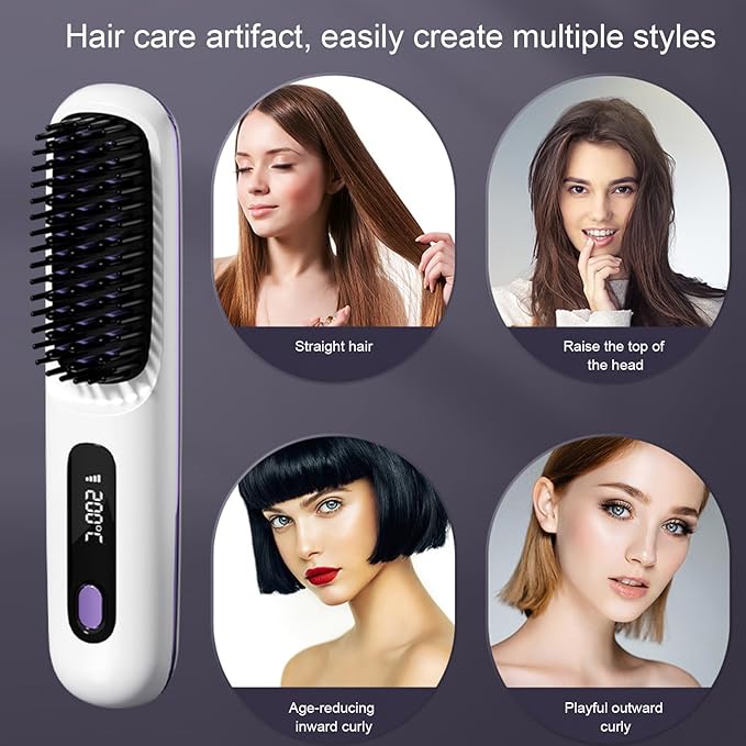 Heat Hair Straightener Brush Heat Brush for Hair Styling Rechargeable Cordless Digital Display Portable Straightening Brushs for Women for Women Long Short Straightening Curling Home Office Hotel