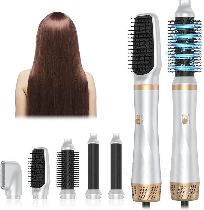 Hair Dryer Brush 5 in 1 Blow Dryer Brush Set High Speed Hot Air Styler Auto Wrap Curlers for Frizz-Free Volume Multifunctional Hair Dryer for Curling Straightening Volumizing (Platinum)