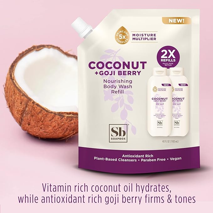 Soapbox Body Wash Refill Coconut + Goji Berry Body Wash Refill Pack Bulk Soap Pouch Vegan + Antioxidant Rich Moisturizing with Shea Butter Peptides &amp Keratin Promoting B3 40oz
