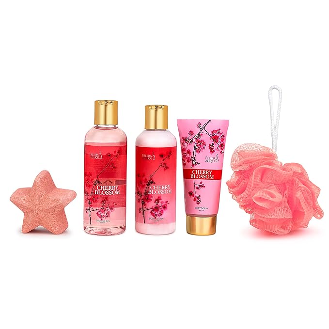 Bath and Body Gift Basket For Women Cherry Blossom Bath &amp Body Collection Includes Shower Gel Body Lotion Body Scrub Bath Bomb &amp Sponge – Mother's Day Gift for Mom