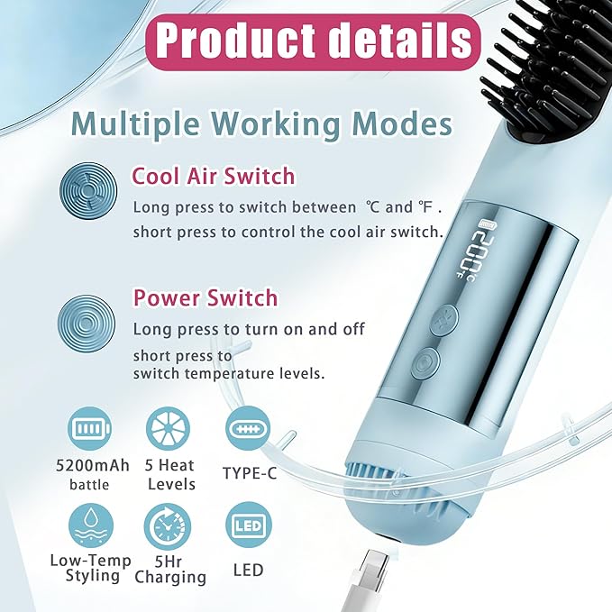 Cordless Hair Straightener Brush-Portable Mini Straightening Comb Rechargeable Battery Powered for Travel - Cool curl Airflow Styler- 30s Fast Heating -LCD Display