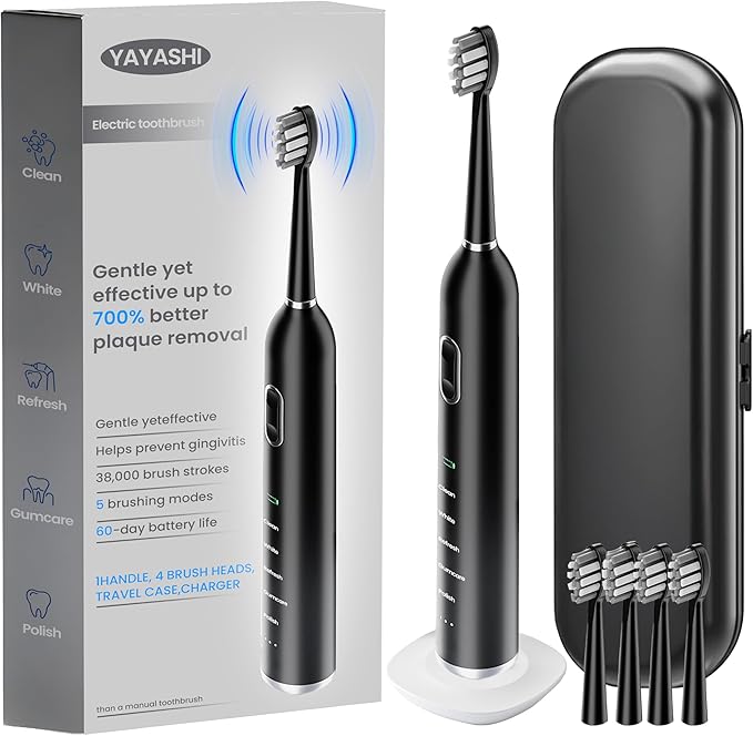 Electric Toothbrush with Pressure Sensor5 Cleaning Modes 2 Minute Timer and QuadPacer 38000 VPM Electric Motor &amp Wireless Charging 4 Brush Heads &amp Travel Case (Black)