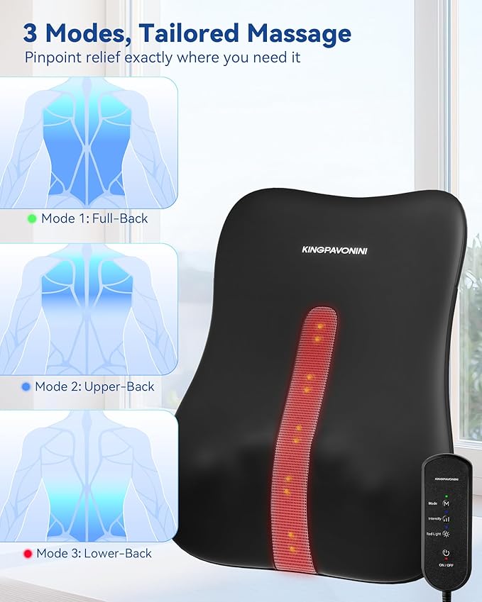 KingPavonini Back Massager for Pain Relief Deep Tissue Up-Down Rolling &amp Ultra-Slim Shiatsu Back Massager with Cushion Layer Lower Back Massage for Chair Home Office Gift for Men Women