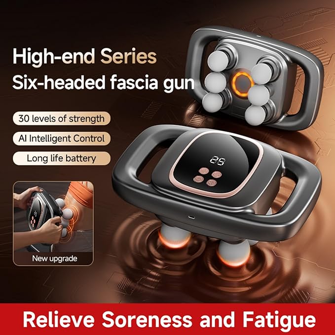 6 Head Massage Gun Deep Tissue with 30 Levels &amp 3 Modes Electric Percussion Massager for Thighs Arms Waist Back Full Body Muscle Pain Relief Ideal Gifts for Women and Men (6)