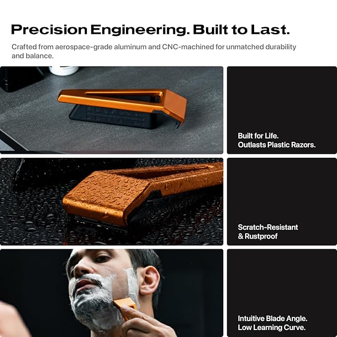 HYPE X1 Safety Razor - Aerospace Grade Aluminum - Magnetic Comfort (C) Shave Setting - Ergonomic V-Shaped Reusable Gentle Shaving Razors For Men and Women - Orange