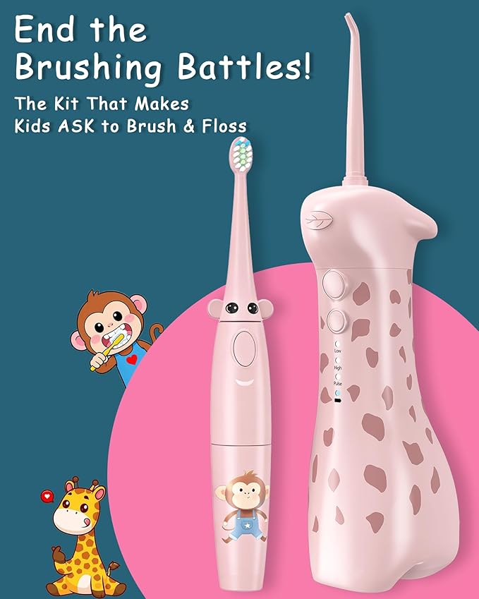 HUACOCARE Kids Water Flosser &amp Electric Toothbrush Combo | Giraffe &amp Monkey Design | 3 Gentle Modes &amp 2 Sonic Modes | All-in-One for Healthy Brushing Habits |Braces-Friendly | Gift for Boy