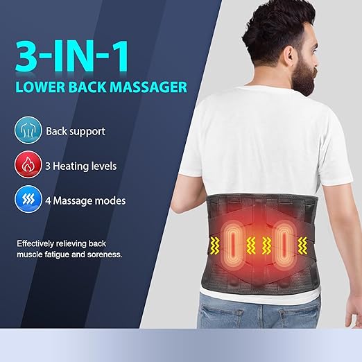HONGJING Heated Back Massager Brace for Lower Back Pain Relief Cordless Back Vibration Massage Belt with 3 Heating Modes and 4 Massage Modes for Sciatica and Scoliosis-L