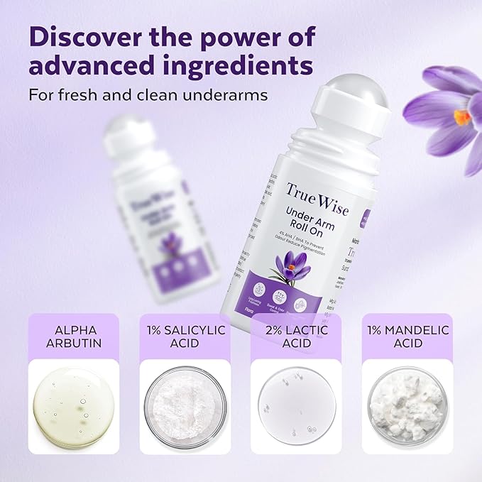 True.wise Underarm Roll On 50ml 4% Aha Bha2% Lactic Acid 1% Mandelic Acid 1% Salicylic Acid Controls Odour &amp Reduces Pigmentation 0% Aluminium &amp 0% Alcohol Long Lasting Flora Fragrance