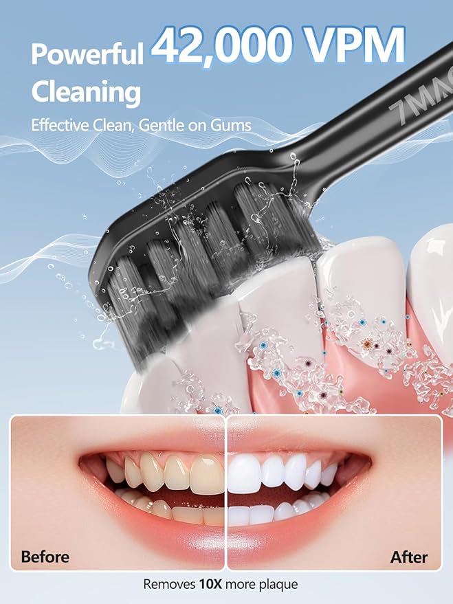 7MAGIC Sonic Electric Toothbrush for Adults and Kids - Up to 180 Days Runtime 42000 VPM Powered Toothbrush 5 Modes &amp 3 Intensities for Sensitive Teeth &amp Braces Includes 8 Brush Heads Black