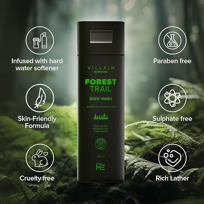 Villain Forest trail Body Wash Infused with Hard Water Softener Shower Gel for Men Hyaluronic Acid Almond Oil Vitamin E Hydrating and Moisturizing Skin Friendly Paraben Free Vegan Body Cleanser