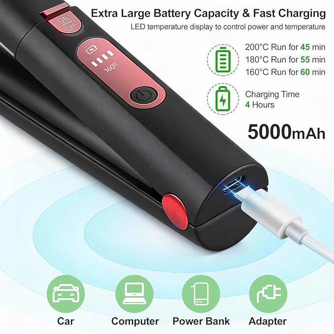 Portable Hair Straightener and Curler 2 in 1 Cordless Flat Iron Mini Cordless Hair Straightener with USB Charging Ceramic Curling Iron Cordless for Travel for Thin Hair Bangs &amp Edges Black