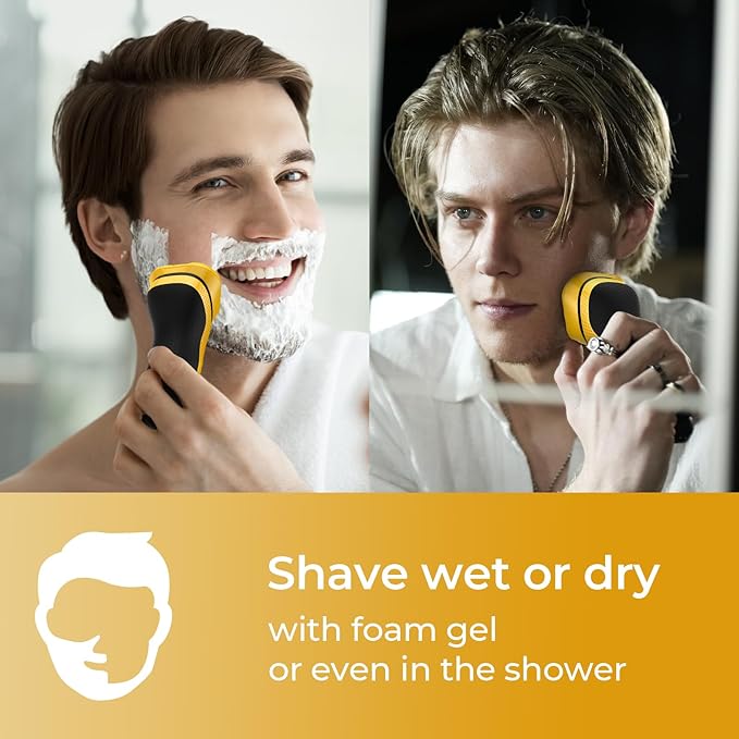Rechargeable Electric Razor for Men: 3-in-1 Shaver for Beard/Nose/Sideburns - IPX7 Waterproof Travel Kit - Turbo Speed &amp Precision BladesCyber Yellow