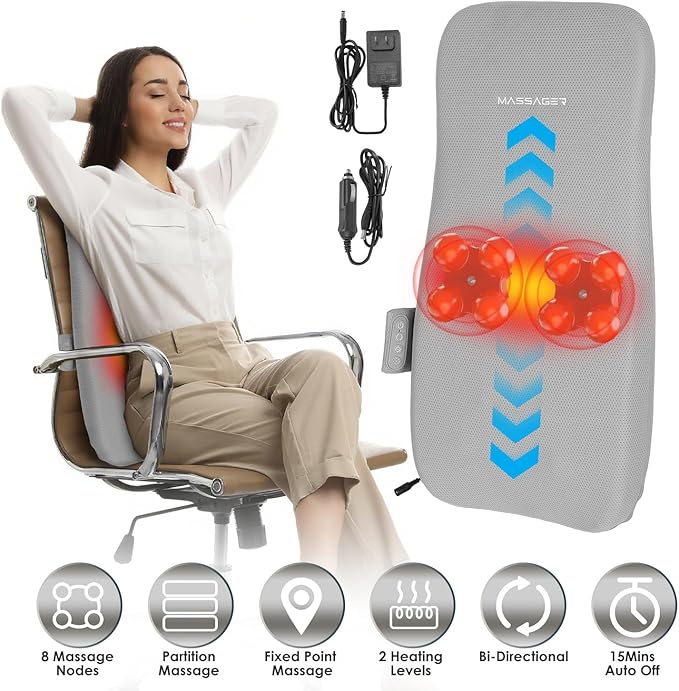 Full Back Massager 3D Pain Relief Deep Tissue Soothing Heating Electric Massage Pillow with Rolling Kneading Nodes for Home Office Car Use Gifts for Mom Dad Women Men