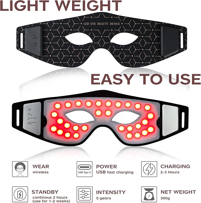 JVV Red Light Therapy for Eyes 5 Modes Under-Eye Red Light Eye Mask Eye Massager for Fine Lines Eye Bags and Dark Circles for Men and Women
