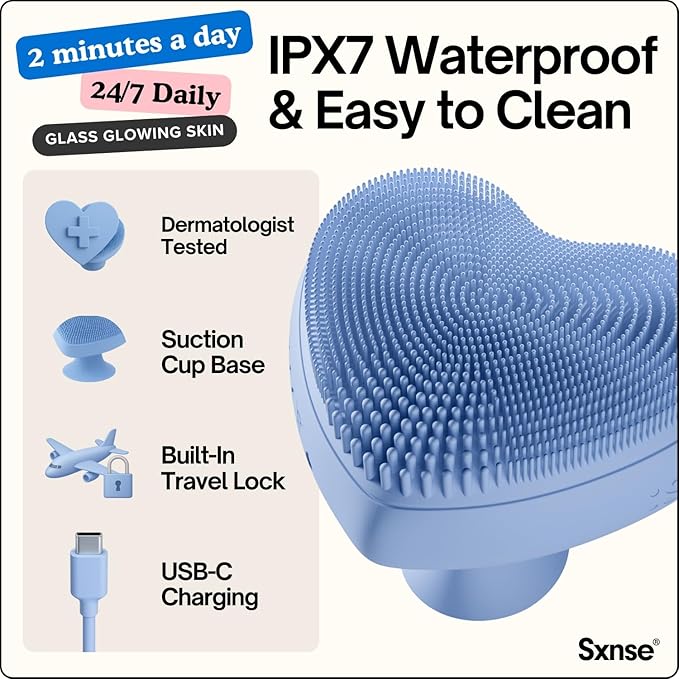 Heart Face Clean Pro⁺ - Electric Silicone Facial Scrubber for Acne with 7000+ Sonic Pulses - IPX7 Waterproof Rechargeable Exfoliator with Slip-Free Grip 3 Speed Settings &amp Phthalate-Free - Arctic