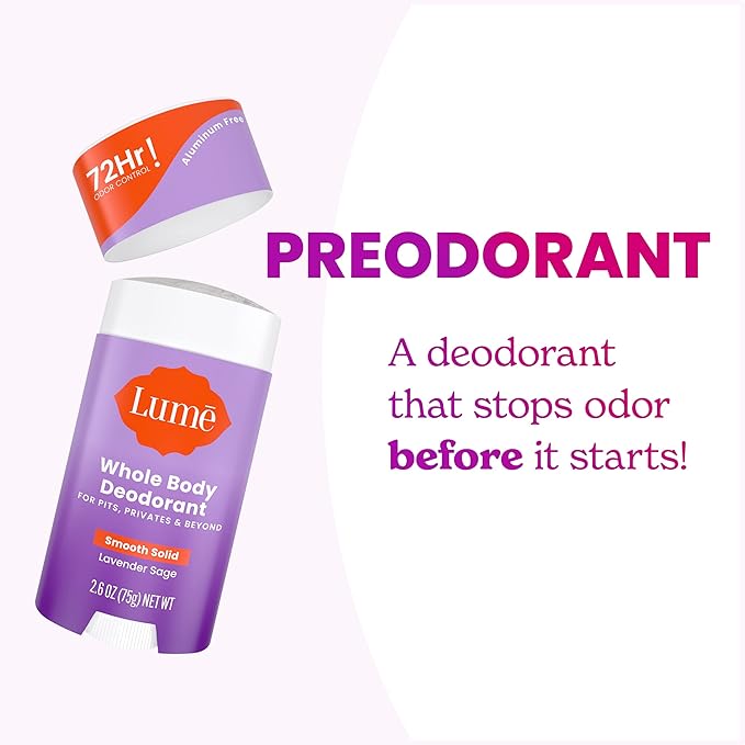Lume Whole Body Deodorant - Smooth Solid Stick - 72 Hour Odor Control - Aluminum Free Baking Soda Free and Skin Safe - 2.6 Ounce (Pack of 2) (Lavender Sage)