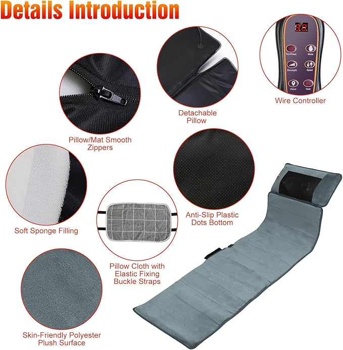 Full Body Massage Mat with Heat Back Massage Pad with Detachable Neck Massager with 10 Vibration Motors Multifunctional Body Massager Gift for Dad Mom Women Men