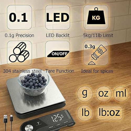 11lb Digital Kitchen Food Scale with Pull Out Display &amp Meat Thermometer 0.1g Precision Wireless Scale for Baking 304 Stainless Steel LED Screen 5 Units USB Rechargeable