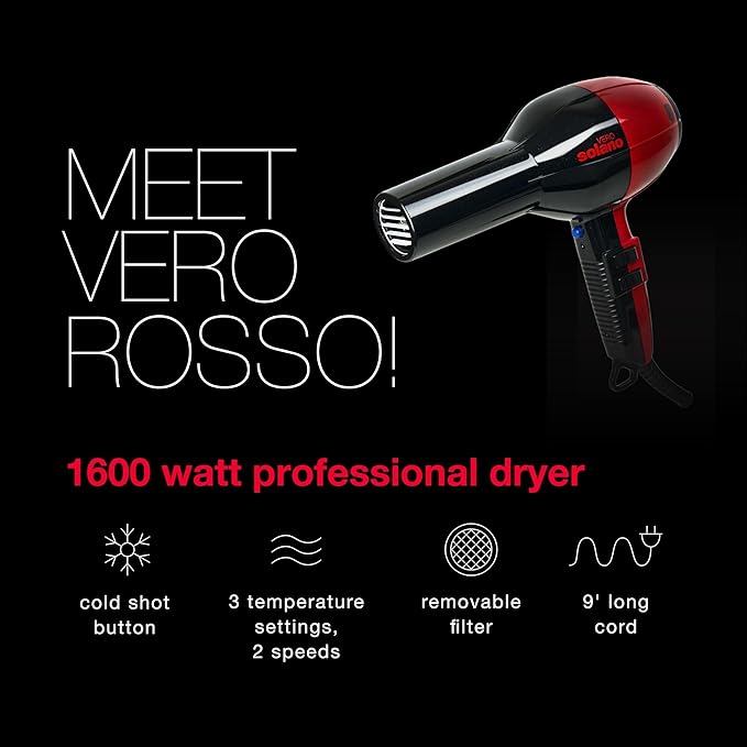 Solano Vero Rosso Ceramic Ionic Hair Dryer - Fast Drying 1600 Watt Lightweight Blow Dryer - Quiet + Ergonomic Design +Tourmaline for Added Shine and Smoothness - Italian-Made