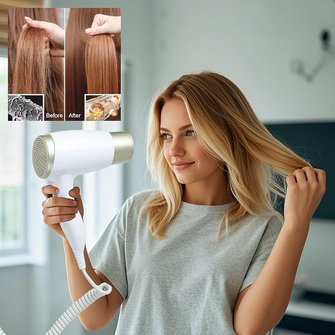 Wall Mounted Hair Dryer for Bathroom - 110V Professional Blow Dryer with Fast Drying Salon Motor Heavy Duty Wall Mount Hairdryer with Stand Rack Includes Screws+Adhesive