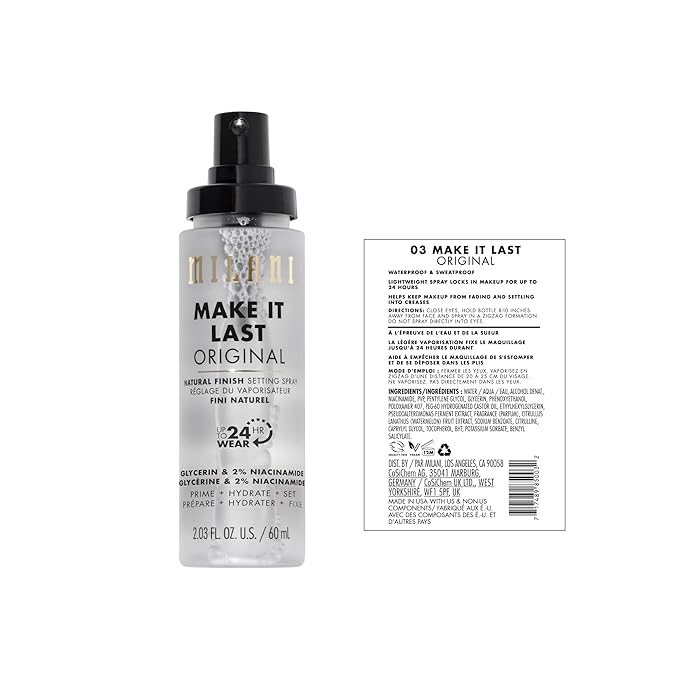 Milani Setting Spray + Primer Make It Last Original - Natural Finish with Niacinamide for Hydration &amp Make It Last Matte- Oil Absorbing Charcoal Formula to Control Shine - 2 Pack