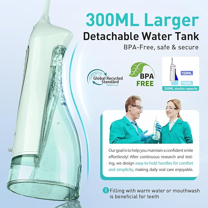 COSLUS Water Dental Flosser Teeth Pick C20(F5020E): Portable Cordless Oral Irrigator 300ML Rechargeable Travel Irrigation Cleaner IPX7 Waterproof Electric Flossing Machine for Teeth Cleaning Green