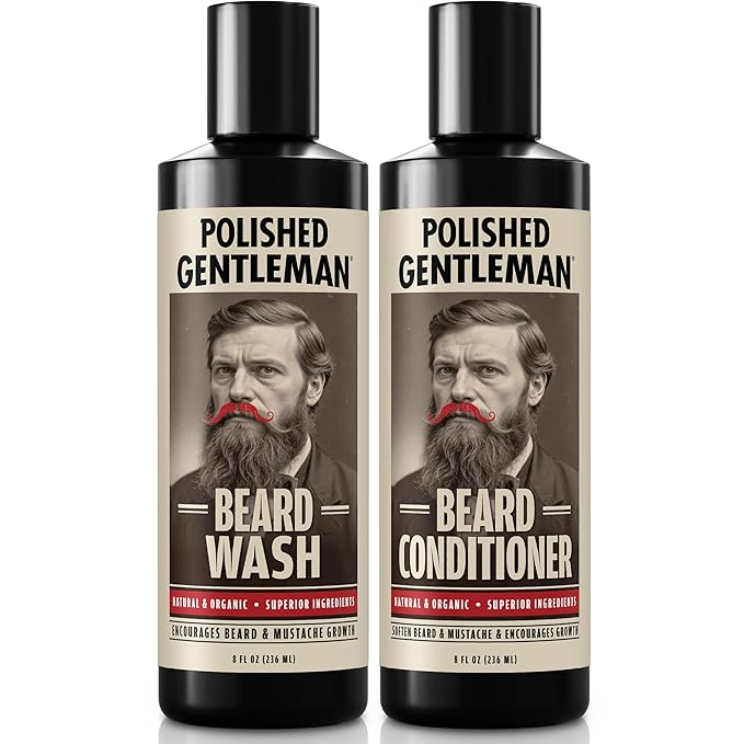 Polished Gentleman Beard Wash and Conditioner Set - Softens and Strengthens - Beard Shampoo with Growth Oil - Moisturizer &amp Beard Thickener - Tea Tree Unscented - Paraben-Free &amp Sulfate-Free (