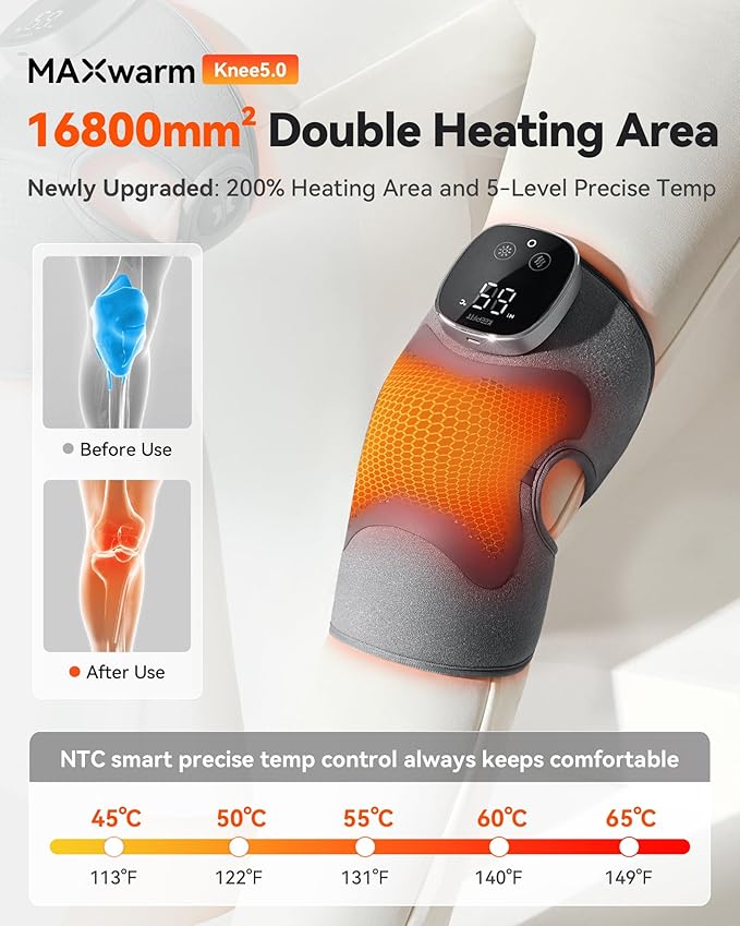 Knee Massager with Heat Vibration for Pain Relief MAXwarm 5.0[2026 Upgraded]-Heated Knee Brace with 5 Heat Levels and 4 Motors Massage X-Warm Heat-Lock Tech for Men Women(Grey 1-Pack)