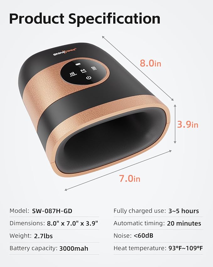 SHINE WELL Hand Massager for Arthritis and Carpal Tunnel Hand Massager with Heat and Compression3 Modes 3 Intensities 2 Heat Levels Finger Massager Device for Men Women