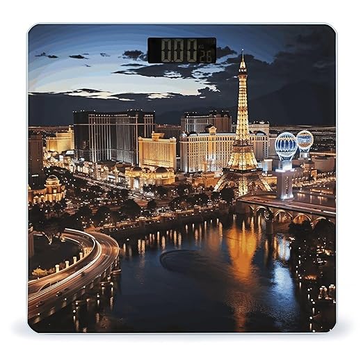 Las Vegas Night View Scale for Body Weight Anti-Slip Tempered Glass Digital Bathroom Scales Clear LCD Display Weighing Scale Safe Rounded Corners Smart Scales