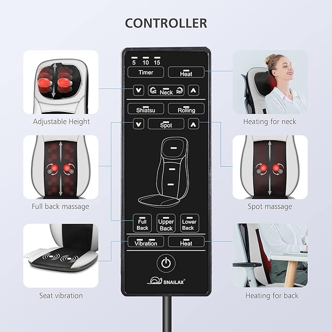 Snailax Neck and Back Massager with Heat Shiatsu Back Massager for Back Pain KneadingRolling Massage Seat CushionFull Body Massage Chair PadSeat Massager for ChairIdeal Gifts