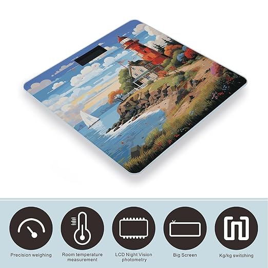Coastal Lighthouse Bathroom Scale Automatic Power On/Off Body Scales LCD Backlight Display Square Digital Scale Rounded Corners Bathroom Scales for Home Bedrooms