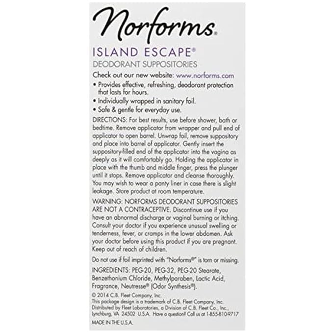 Norforms Feminine Deodorant Suppositories Long Lasting Odor Control Gynocologist Tested Individullay Wrapped Island Escape Scent 12 Count in Each Box (Pack of 8)