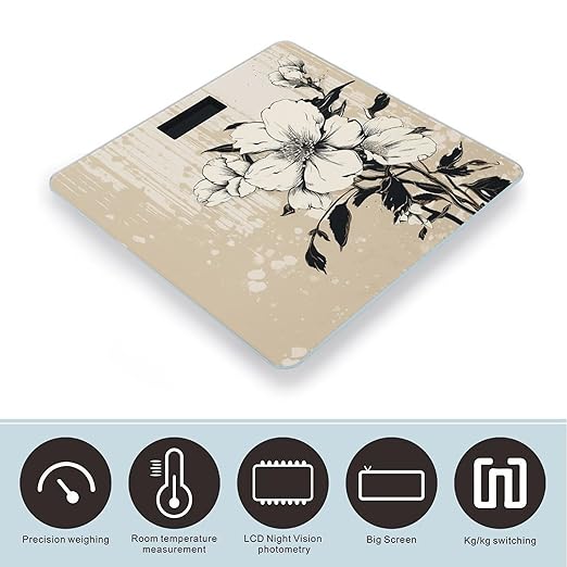 Beige Floral Pattern Scale for Body Weight Anti-Slip Tempered Glass Digital Bathroom Scales Clear LCD Display Weighing Scale Safe Rounded Corners Smart Scales