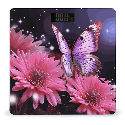 Pink Flower Purple Butterfly Scale for Body Weight Anti-Slip Digital Bathroom Scale Sturdy Toughened Glass Weighing Scales High Precision Safe Rounded Corners Smart Scales