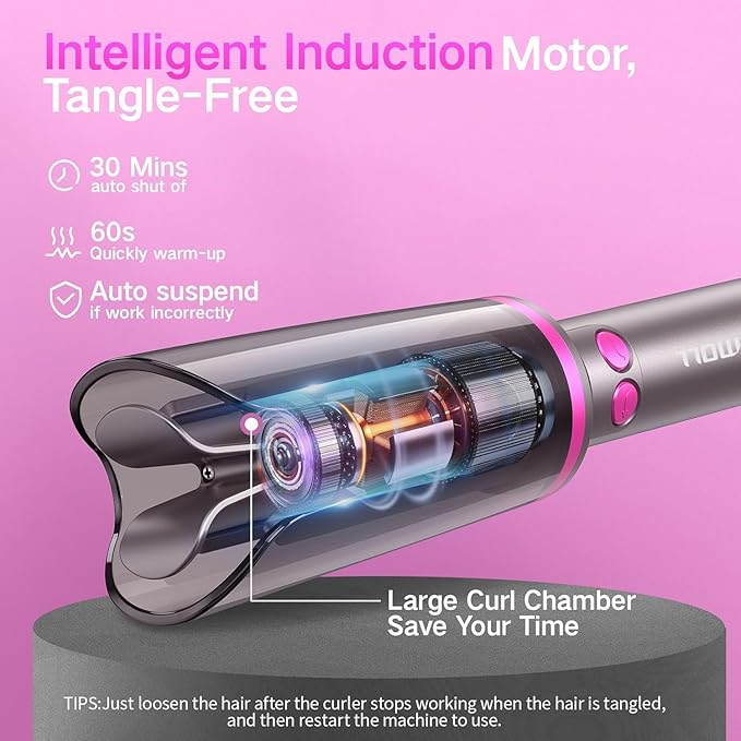 Automatic Rotating Curling Iron Beach Waves Curling Wand Portable Hair Curler 500 Million Ionic Dual Voltage &amp Lightweight for Travel Ceramic Coating 1 Inch Metallic Gray