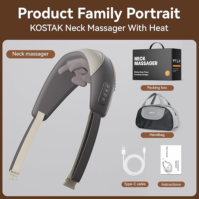 Shiatsu Neck and Shoulder Massager with Heat for Pain Relief Deep Tissue Portable Massagers for Neck and Back Gifts for Men and Woman (Grey with Leather Handbag)