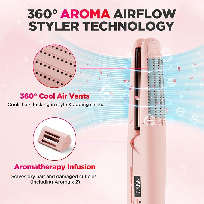 MiroPure 360° Airflow Styler Curling Iron Titanium Flat Iron Hair Straightener and Curler 2 in 1 Professional Curing Wand with Ionic Aroma Cool Air 13 Adjustable Temps Dual Voltage for Long Hair