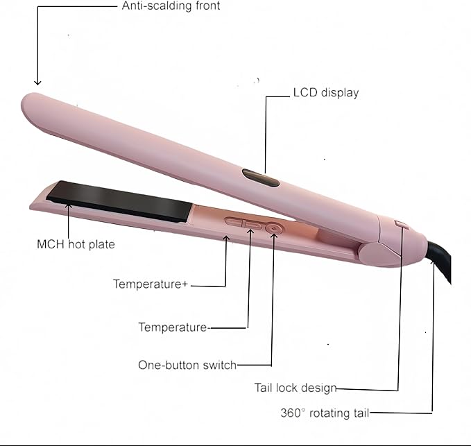Professional Hair Straightener Black Titanium Flat Iron with LCD Display MCH Hot Plate 360-Degree Rotating Cord 2-in-1 Straightening and Curling (Light Pink)