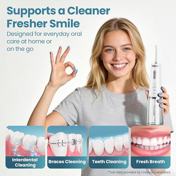Onlyone Rechargeable Cordless Water Flosser with Adjustable Water Pressure for Daily Oral Care Power Dental Flosser for Home and Travel Use Portable Oral Irrigator for Sensitive Gums and Braces Care