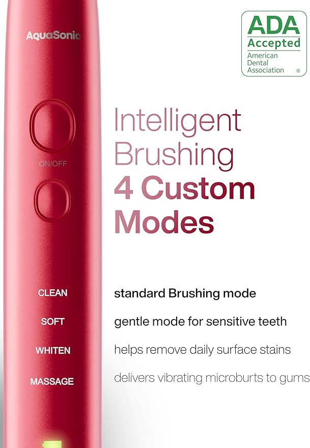 Aquasonic Vibe Series Ultra-Whitening Toothbrush – ADA Accepted Electric Toothbrush - 8 Brush Heads &amp Travel Case – 40000 VPM Motor &amp Wireless Charging - 4 Modes w Smart Timer – Ruby