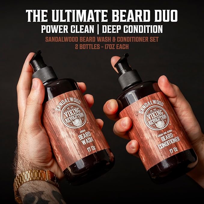Viking Revolution Beard Wash &amp Beard Conditioner Set with Argan &amp Jojoba Oils - Softens and Strengthens - Natural Sandalwood Scent - Beard Shampoo with Beard Oil (17 oz)
