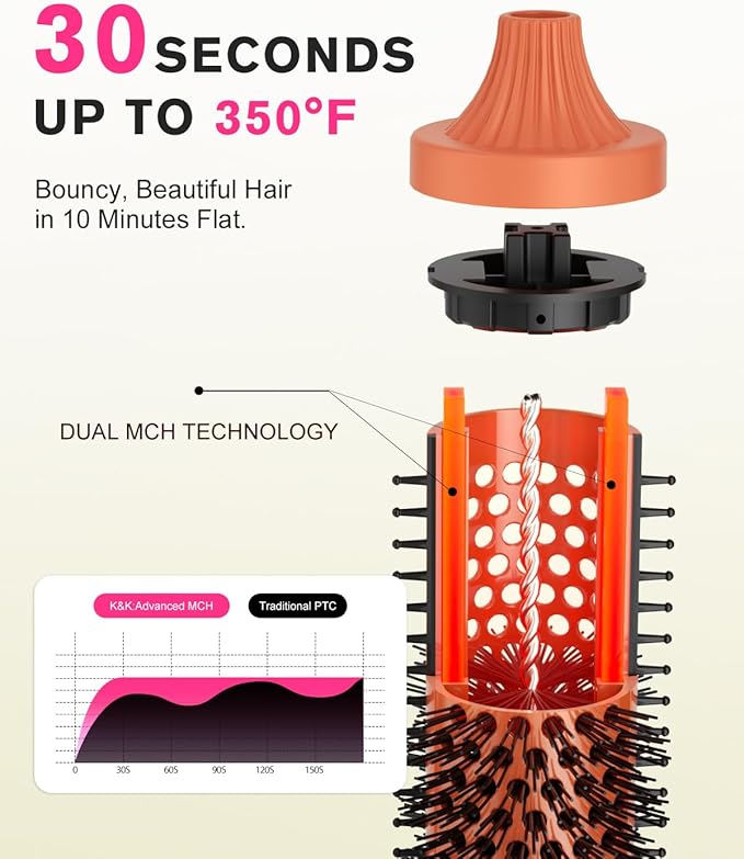 K&ampK Thermal Brush 1 1/2 inch Heated Round Brush with Detachable Head Velvet Pouch and Dual Voltage for Travel Easy to Create Blowout Look Cosmic Orange