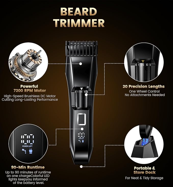 Men's Beard Trimmer-All-in-One Mustache Trimmer with 20 Length Adjustable Stainless Steel T-Blade for Precision Facial Hair Trimming Cordless IPX7 Waterproof Wet/Dry ClipperLED Display
