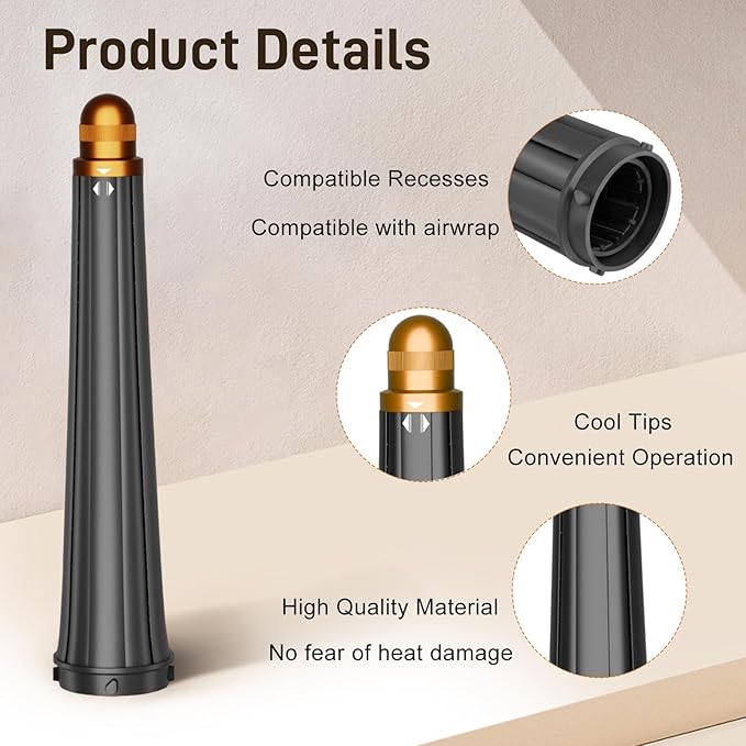 0.78-1.4in/20-36mm Long Curling Barrel for Dyson Airwrap Attachment for Dyson Supersonic Hair Dryer HD01 HD02 HD03 HD04 HD07 HD08 HD15 HD16 2 In 1 Automatic Hair Curling Barrel with Adapter Gold