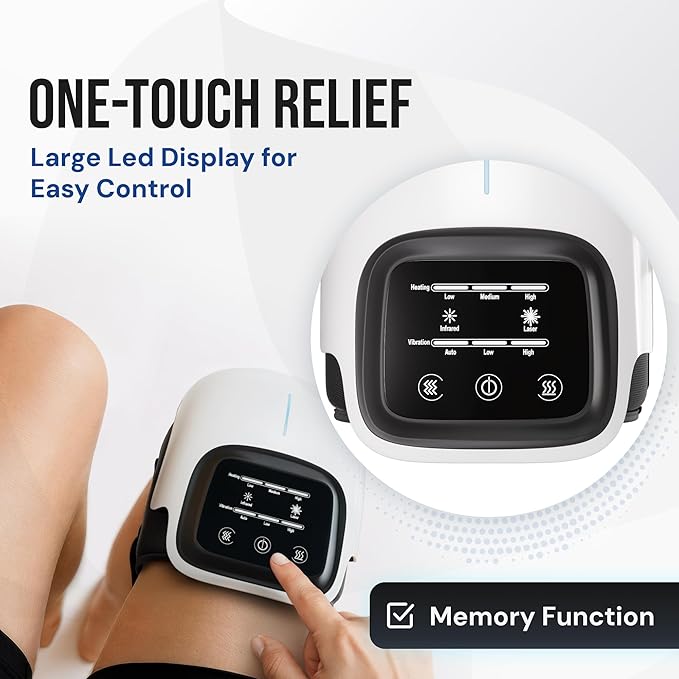 Heated Knee Massager with Red Light &amp Vibration 3 Heat &amp 3 Vibration Levels Memory Function Cordless 3000mAh Rechargeable LED Touch Panel Auto 10-Min Shut-Off USB-C Charger White
